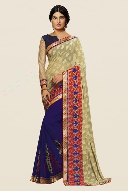 Shonaya Blue & Beige Georgette Embroidered Saree Shonaya Blue & Beige Georgette Embroidered Saree