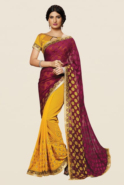 Shonaya Yellow & Wine Georgette Embroidered Saree Shonaya Yellow & Wine Georgette Embroidered Saree