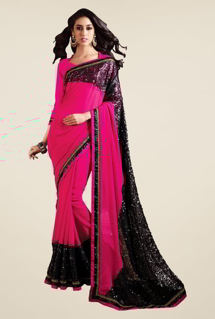 Shonaya Pink & Black Faux Georgette Solid Saree Shonaya Pink & Black Faux Georgette Solid Saree