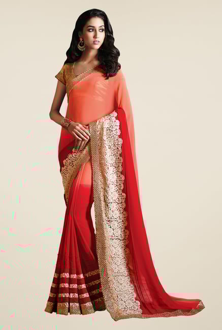 Shonaya Red & Peach Faux Georgette Embroidered Saree Shonaya Red & Peach Faux Georgette Embroidered Saree