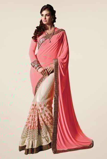 Shonaya Cream & Peach Net & Georgette Embroidered Saree Shonaya Cream & Peach Net & Georgette Embroidered Saree