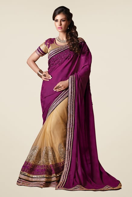 Shonaya Beige & Purple Net & Georgette Embroidered Saree Shonaya Beige & Purple Net & Georgette Embroidered Saree