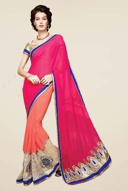 Shonaya Peach & Pink Faux Georgette Embroidered Saree Shonaya Peach & Pink Faux Georgette Embroidered Saree