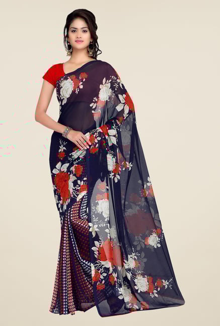 Shonaya Navy & Red Georgette Floral Print Saree Shonaya Navy & Red Georgette Floral Print Saree