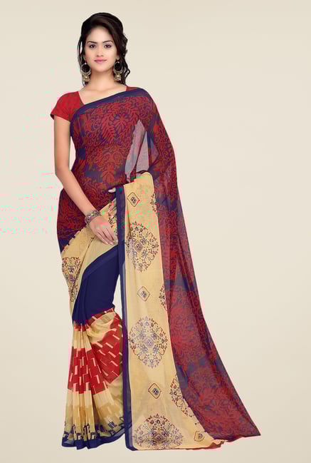 Shonaya Red & Navy Georgette Printed Saree Shonaya Red & Navy Georgette Printed Saree