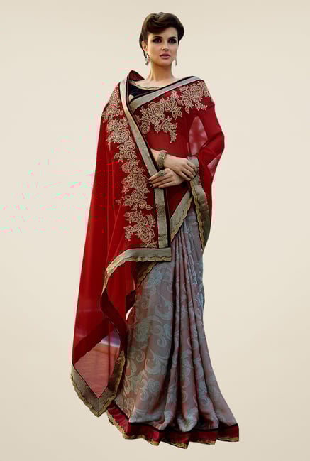 Shonaya Red & Grey Georgette Embroidered Saree Shonaya Red & Grey Georgette Embroidered Saree