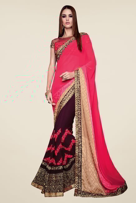 Shonaya Pink & Purple Jacquard & Georgette Embroidered Saree Shonaya Pink & Purple Jacquard & Georgette Embroidered Saree