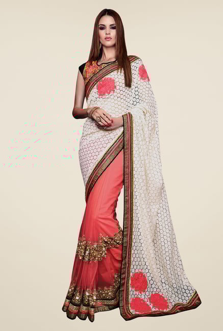 Shonaya Pink & White Net & Cotton Embroidered Saree Shonaya Pink & White Net & Cotton Embroidered Saree