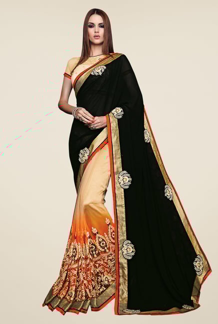 Shonaya Black & Orange Georgette & Net Embroidered Saree Shonaya Black & Orange Georgette & Net Embroidered Saree