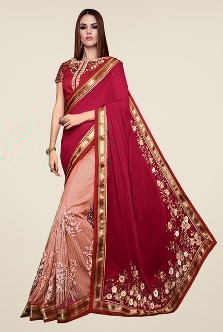 Shonaya Maroon & Peach Georgette & Net Embroidered Saree Shonaya Maroon & Peach Georgette & Net Embroidered Saree