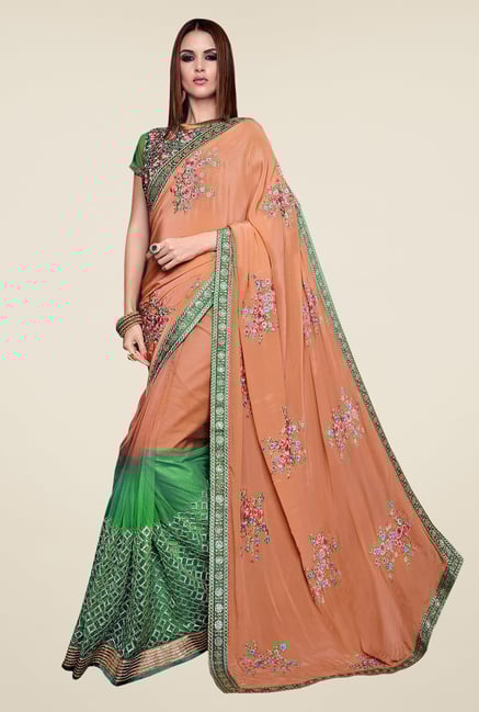 Shonaya Peach & Green Georgette & Net Embroidered Saree Shonaya Peach & Green Georgette & Net Embroidered Saree