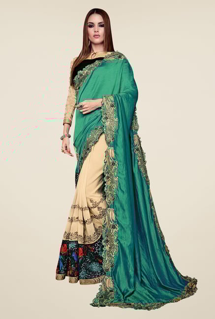 Shonaya Beige & Teal Georgette & Chiffon Embroidered Saree Shonaya Beige & Teal Georgette & Chiffon Embroidered Saree