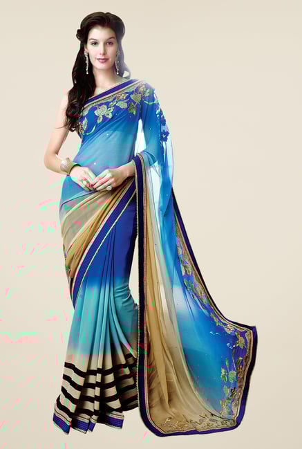 Shonaya Blue & Beige Faux Georgette Embroidered Saree Shonaya Blue & Beige Faux Georgette Embroidered Saree