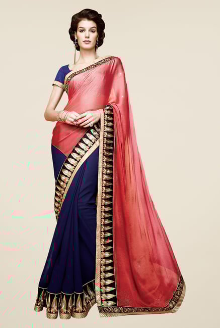 Shonaya Navy & Peach Faux Georgette Embroidered Saree Shonaya Navy & Peach Faux Georgette Embroidered Saree