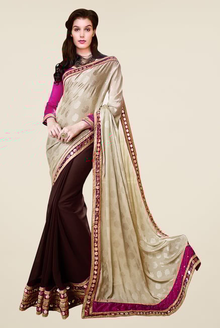 Shonaya Brown & Beige Faux Georgette Polka Dots Saree Shonaya Brown & Beige Faux Georgette Polka Dots Saree
