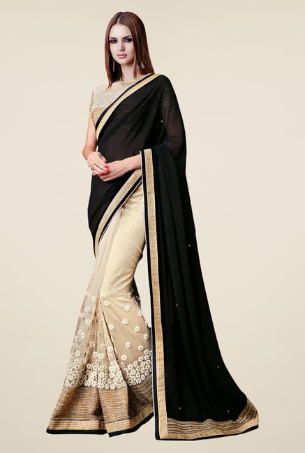 Shonaya Beige & Black Georgette & Net Embroidered Saree Shonaya Beige & Black Georgette & Net Embroidered Saree