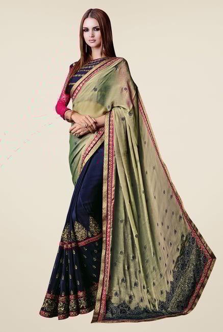 Shonaya Navy & Mehendi Chiffon & Satin Embroidered Saree Shonaya Navy & Mehendi Chiffon & Satin Embroidered Saree