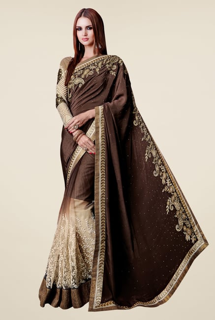 Shonaya Brown & Beige Satin & Net Embroidered Saree Shonaya Brown & Beige Satin & Net Embroidered Saree