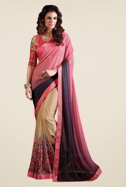 Shonaya Beige & Peach Net & Georgette Embroidered Saree Shonaya Beige & Peach Net & Georgette Embroidered Saree