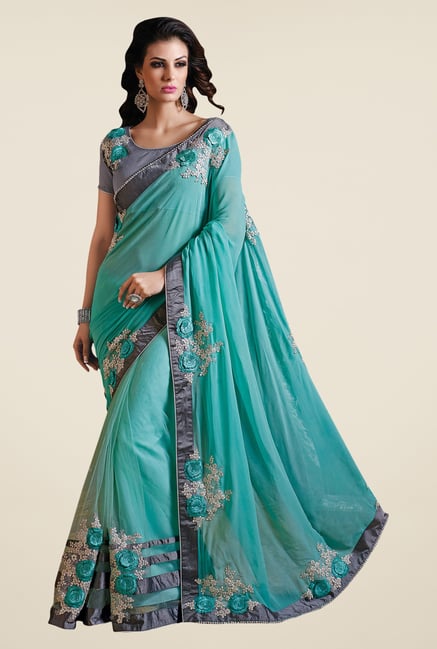 Shonaya Turquoise Net & Georgette Embroidered Saree Shonaya Turquoise Net & Georgette Embroidered Saree