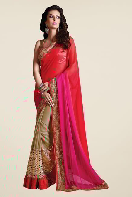 Shonaya Beige & Red Georgette & Net Solid Saree Shonaya Beige & Red Georgette & Net Solid Saree