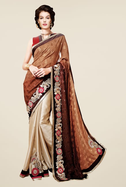 Shonaya Beige & Brown Satin Chiffon Embroidered Saree Shonaya Beige & Brown Satin Chiffon Embroidered Saree