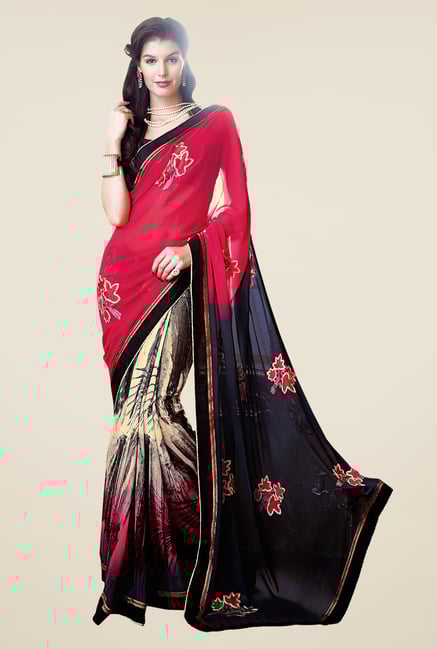Shonaya Red & Navy Faux Georgette Printed Saree Shonaya Red & Navy Faux Georgette Printed Saree