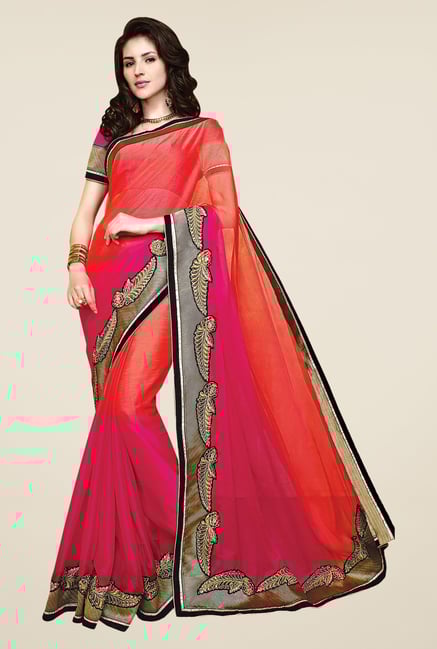 Shonaya Pink & Coral Chiffon Embroidered Saree Shonaya Pink & Coral Chiffon Embroidered Saree