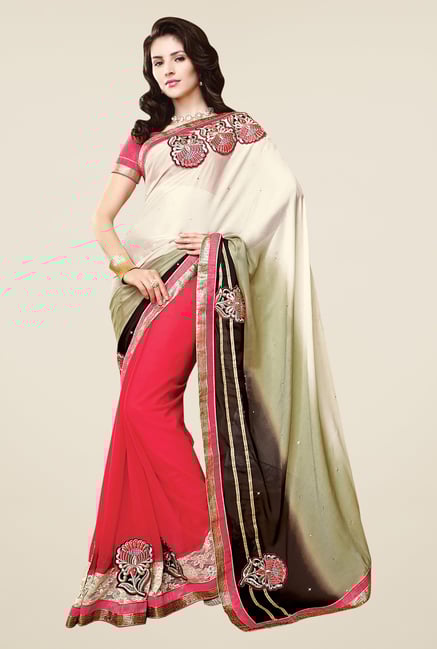 Shonaya Coral & Cream Faux Georgette Embroidered Saree Shonaya Coral & Cream Faux Georgette Embroidered Saree