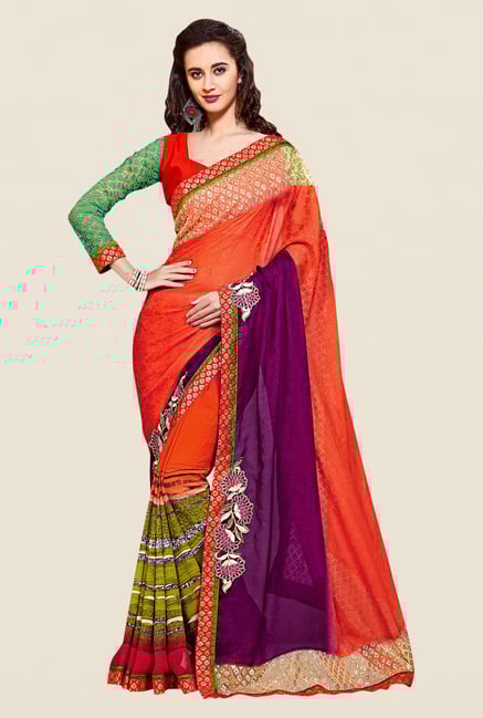 Shonaya Orange & Green Georgette Embroidered Saree Shonaya Orange & Green Georgette Embroidered Saree