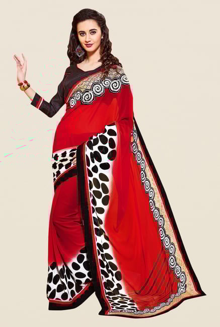Shonaya Red & Black Georgette Embroidered Saree Shonaya Red & Black Georgette Embroidered Saree