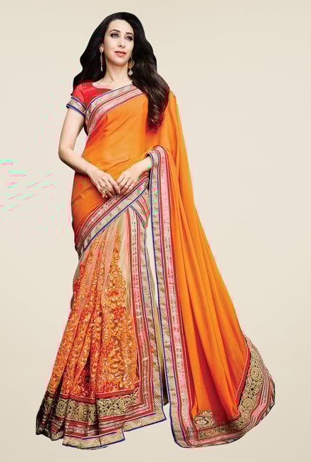 Shonaya Orange & Beige Net & Silk Embroidered Saree Shonaya Orange & Beige Net & Silk Embroidered Saree