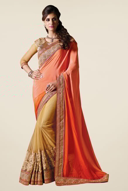 Shonaya Beige & Orange Net & Satin Chiffon Embroidered Saree Shonaya Beige & Orange Net & Satin Chiffon Embroidered Saree
