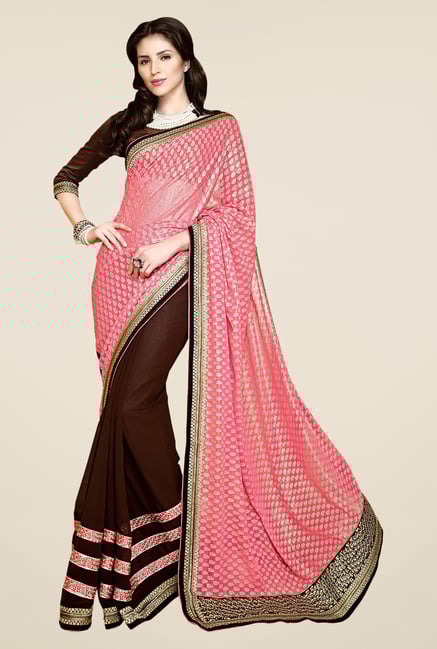 Shonaya Brown & Peach Faux Georgette Embroidered Saree Shonaya Brown & Peach Faux Georgette Embroidered Saree