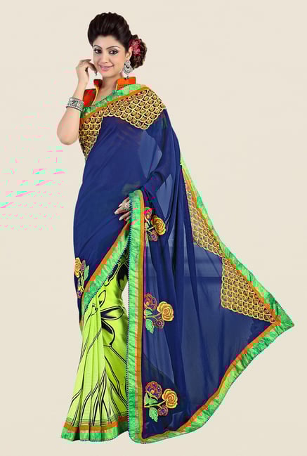 Shonaya Lime & Blue Georgette Embroidered Saree Shonaya Lime & Blue Georgette Embroidered Saree
