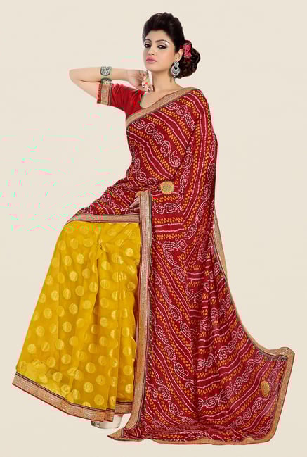 Shonaya Mustard & Red Georgette Bandhani Saree Shonaya Mustard & Red Georgette Bandhani Saree