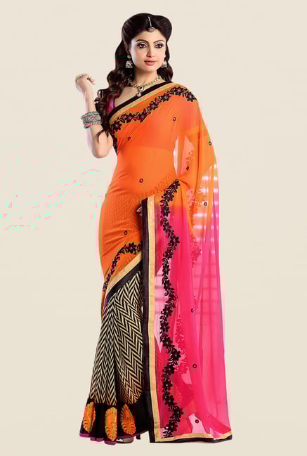 Shonaya Orange & Pink Georgette Embroidered Saree Shonaya Orange & Pink Georgette Embroidered Saree