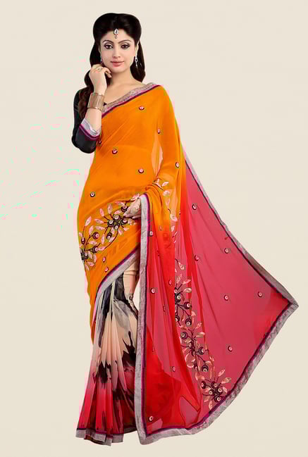 Shonaya Orange & Red Georgette Embroidered Saree Shonaya Orange & Red Georgette Embroidered Saree
