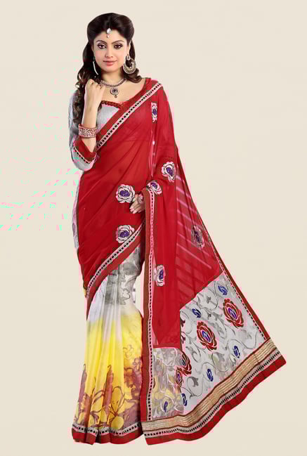 Shonaya Grey & Red Georgette Embroidered Saree Shonaya Grey & Red Georgette Embroidered Saree