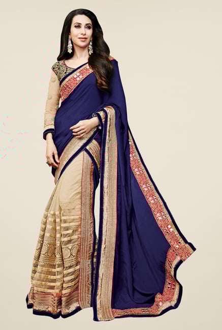 Shonaya Beige & Navy Net & Georgette Embroidered Saree Shonaya Beige & Navy Net & Georgette Embroidered Saree