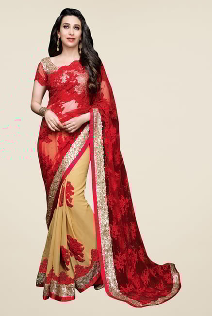 Shonaya Red & Beige Net & Lycra Embroidered Saree Shonaya Red & Beige Net & Lycra Embroidered Saree