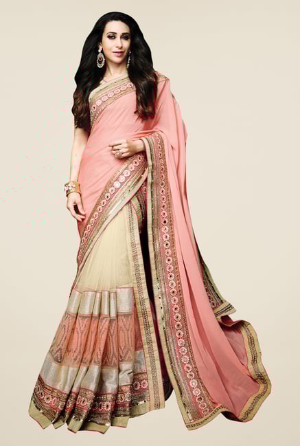 Shonaya Peach & Beige Net & Georgette Embroidered Saree Shonaya Peach & Beige Net & Georgette Embroidered Saree