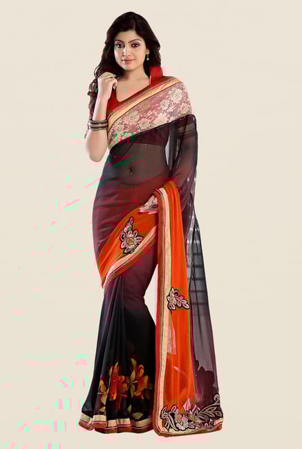 Shonaya Black & Orange Georgette Embroidered Saree Shonaya Black & Orange Georgette Embroidered Saree