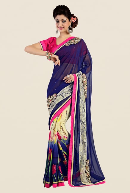 Shonaya Blue & Beige Georgette Embroidered Saree Shonaya Blue & Beige Georgette Embroidered Saree