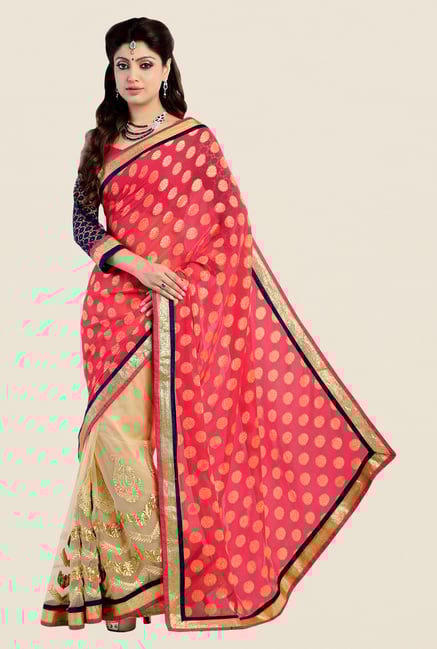 Shonaya Beige & Coral Georgette Embroidered Saree Shonaya Beige & Coral Georgette Embroidered Saree