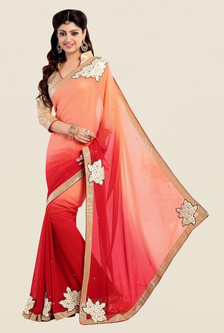 Shonaya Red & Peach Georgette Embroidered Saree Shonaya Red & Peach Georgette Embroidered Saree