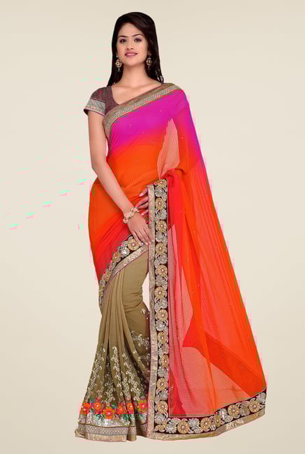 Shonaya Beige & Orange Georgette Embroidered Saree Shonaya Beige & Orange Georgette Embroidered Saree