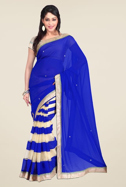 Shonaya Blue & Beige Georgette Striped Saree Shonaya Blue & Beige Georgette Striped Saree