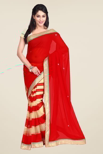 Shonaya Red & Beige Georgette Striped Saree Shonaya Red & Beige Georgette Striped Saree