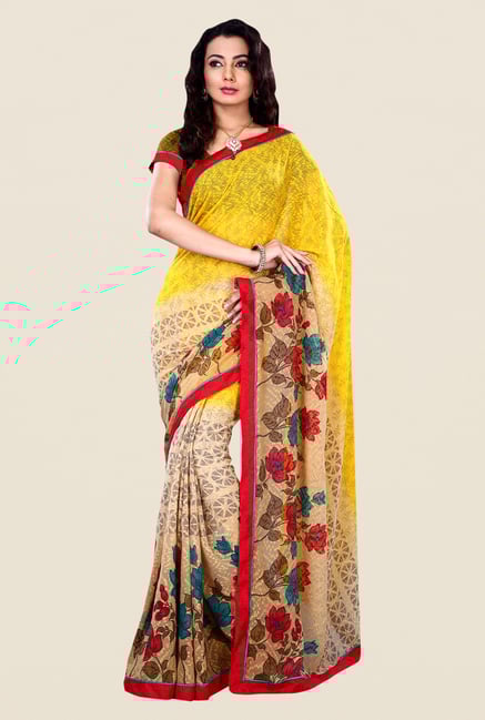 Shonaya Beige & Yellow Georgette & Viscose Printed Saree Shonaya Beige & Yellow Georgette & Viscose Printed Saree